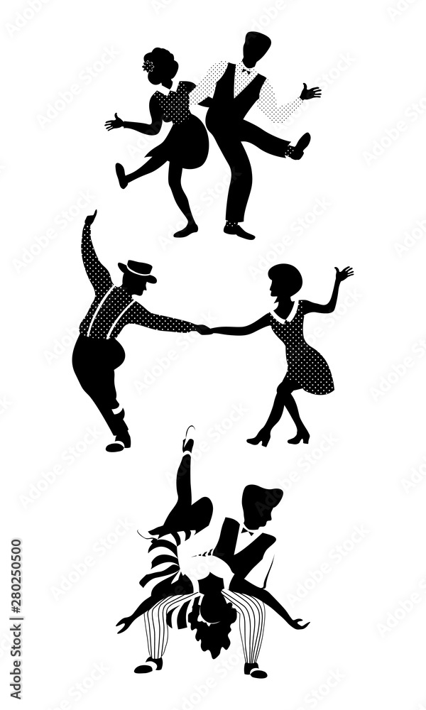 Vertical composition of three couples. People in 1940s or 1950s style dancing swing, jazz, lindy hop or boogie woogie. Vector illustration in black and white colors.