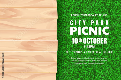Picnic background. Vector poster, banner design template with realistic wooden table on green grass lawn.