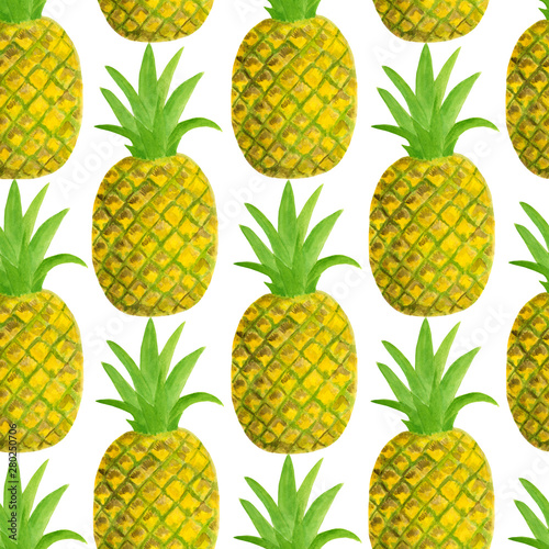 Watercolor pineapple seamless pattern. Hand drawn tropical fruits illustration isolated on white background. Design for textile, menu, cards, scrapbooking, food packaging, wrapping