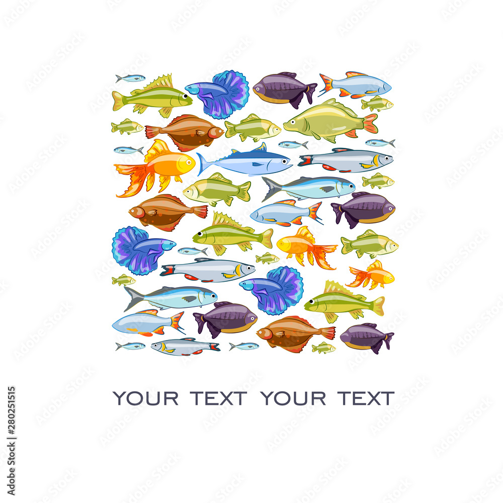 Naklejka premium A lot of fish. Set: chub, ruff, gold, flounder, crucian carp, rudd, tuna, carp, piranha, cockerels. Square