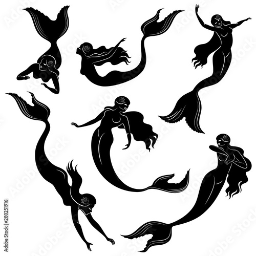 Collection. Silhouette of a mermaid. Beautiful girl swims in the water. The lady is young and slim. Fantastic image of a fairy tale. Vector illustration set.