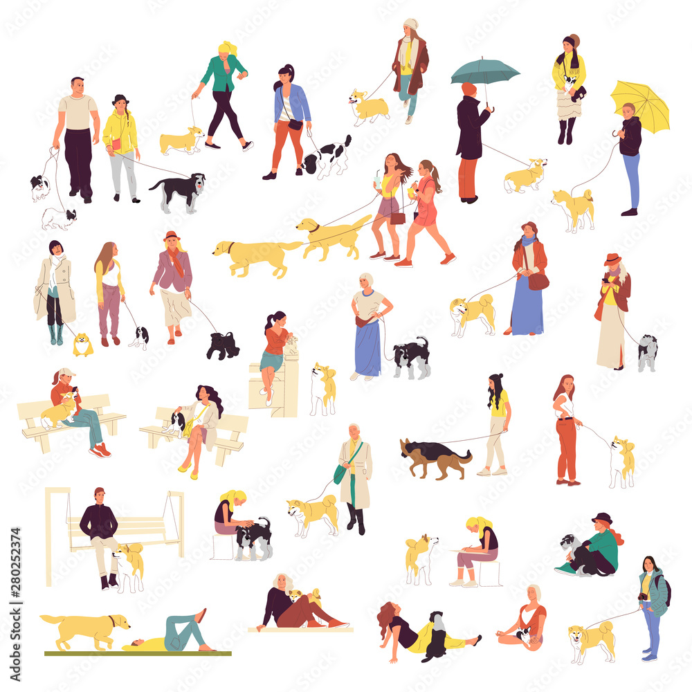 Set of many people walking with dogs. Men and women outdoors with pets Set of many people walking with dogs. Men and women outdoors with pets