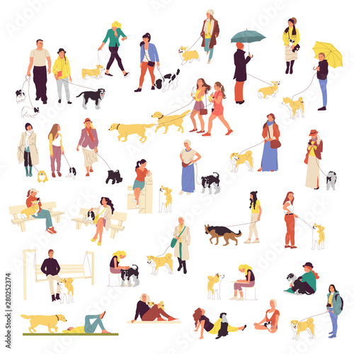 Set of many people walking with dogs. Men and women outdoors with pets © akini