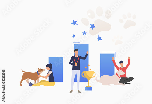Dog owners celebrating victory at dog show. Winner, award, animal concept. Vector illustration can be used for topics like entertainment, competition, dog show