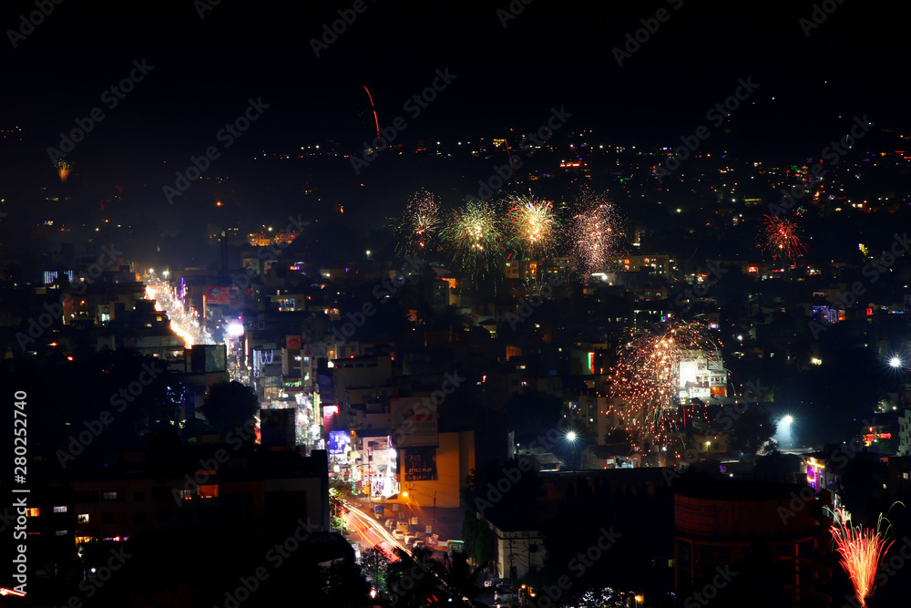 Night photo of Satara city, India during Diwali
