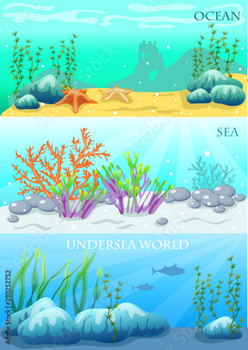 Illustration of the underwater world: ocean, sea, river, lake. Sea dwellers: fish, corrals, starfish. Diving