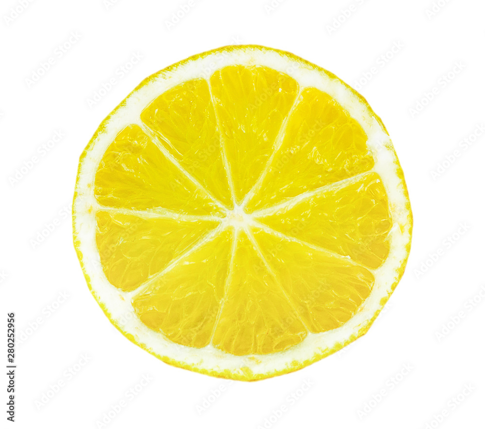 Top view of textured ripe slice of lemon citrus fruit isolated on white background. Top view of textured ripe slice of lemon citrus fruit isolated on white background.