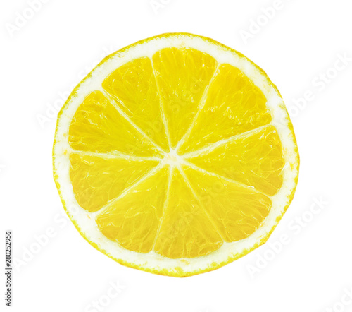 Top view of textured ripe slice of lemon citrus fruit isolated on white background.