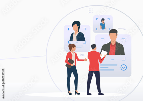 HR managers picking candidates. Man and woman studying profiles and CV. Human resource concept. Vector illustration can be used for topics like personnel search, recruiting, business