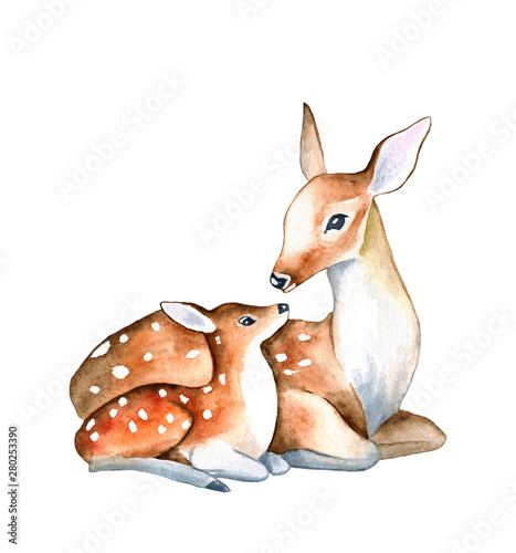 Fotografia, Obraz Mother and Baby Deer Watercolor Love Family Hand Painted Mother's Day Summer Ill