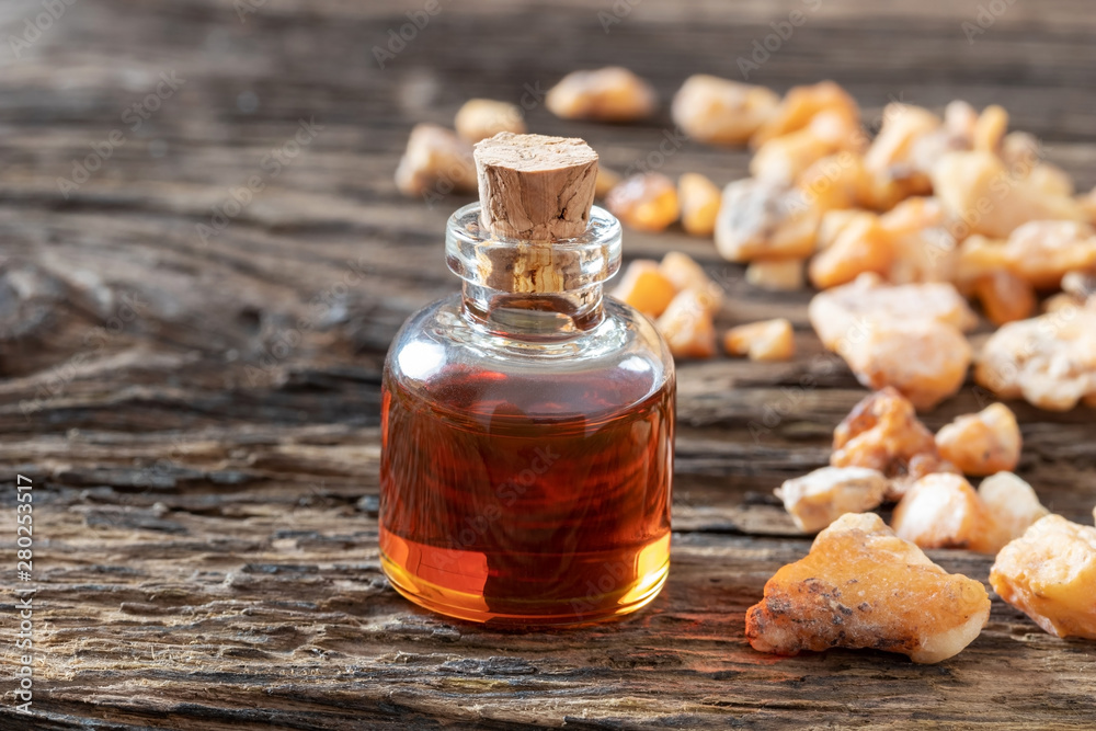 A bottle of styrax benzoin essential oil A bottle of styrax benzoin essential oil