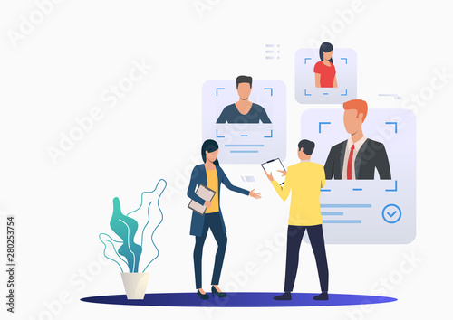 Recruiting professionals studying candidate profiles. Man and woman, teamwork, CV. Human resource concept. Vector illustration can be used for topics like recruitment, hiring, selection