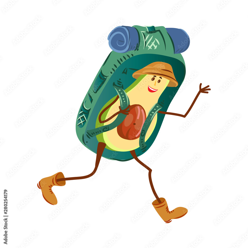 Tourist avocado character with brown hat and big backpack Tourist avocado character with brown hat and big backpack