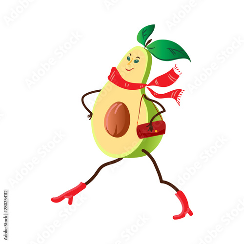 Cute avocado character in red shoes and scarf bag