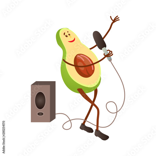 Cute singing avocado character with microphone and big speaker