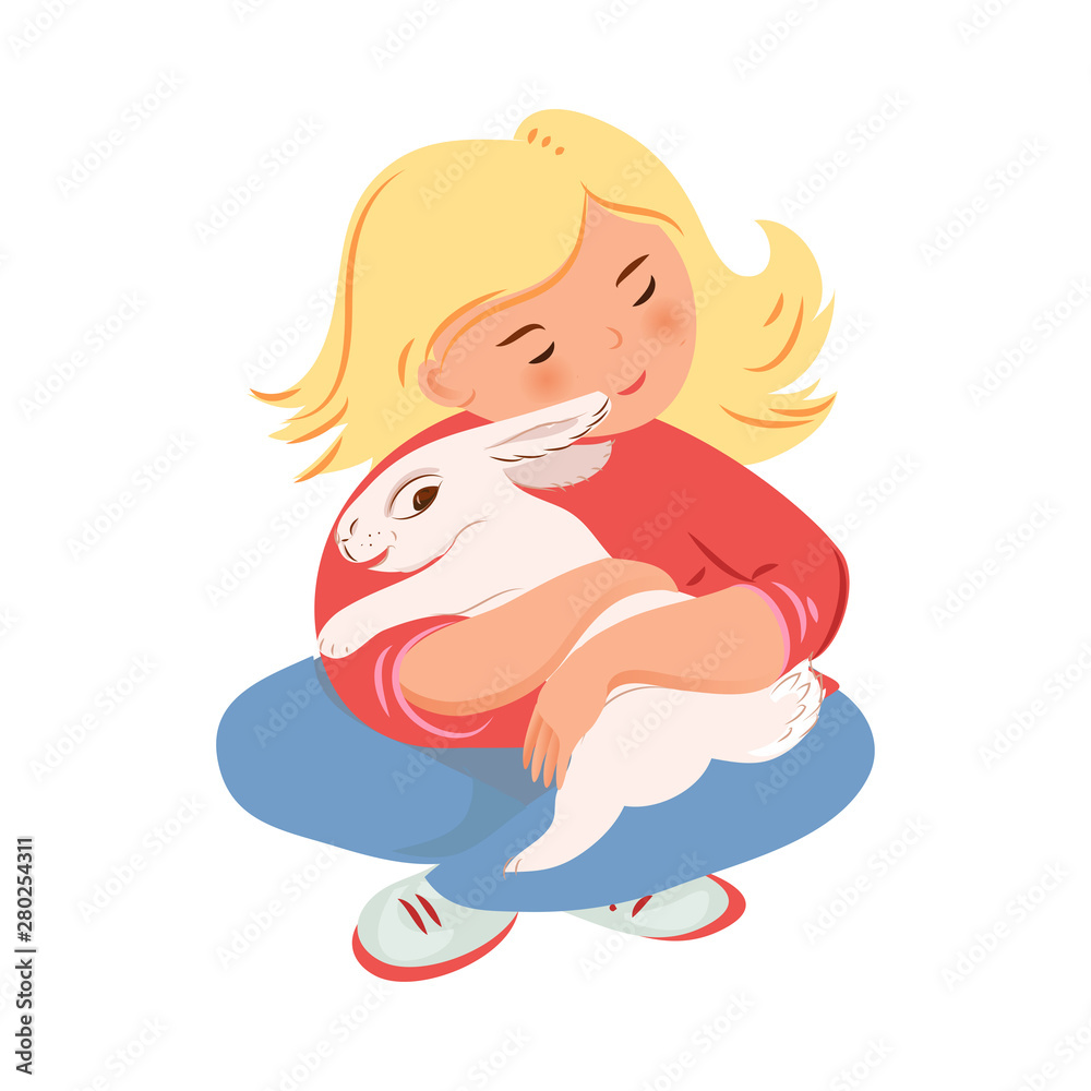 Blonde girl in red sweater is hugging white rabbit Blonde girl in red sweater is hugging white rabbit