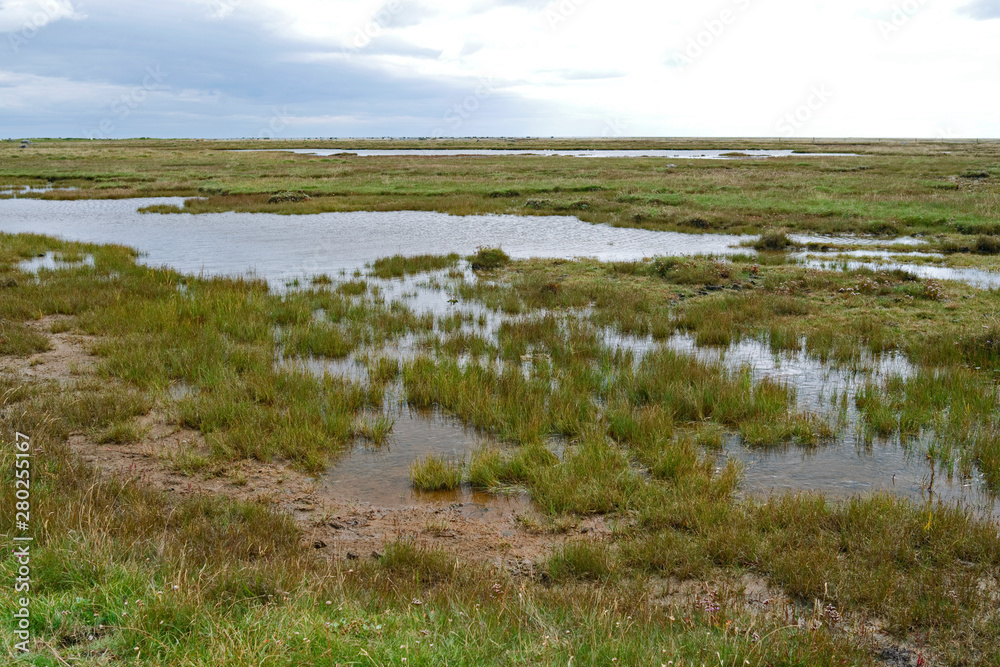 Laesoe / Denmark: Tidal creeks and lakes in the wide salt marsh landscape on „Hornfiskroen“ in the south of the Kattegat island