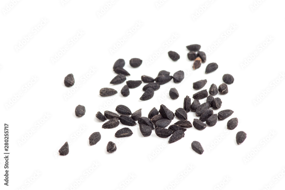 Black sesame seeds isolated on white background Black sesame seeds isolated on white background