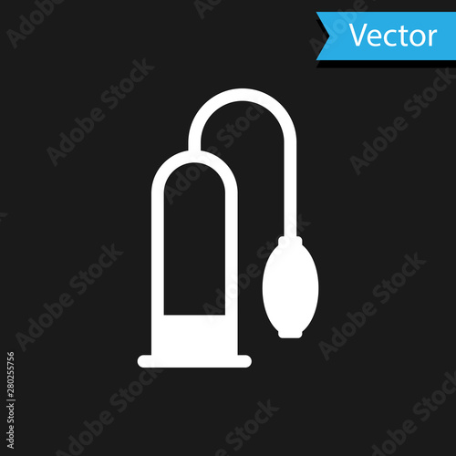 White Penis pump icon isolated on black background. Penis enlarger. Sex toy for men. Vacuum pump with a blower to increase the penis. Vector Illustration