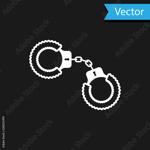 White Sexy fluffy handcuffs icon isolated on black background. Handcuffs with fur. Fetish accessory. Sex shop stuff for sadist and masochist. Vector Illustration