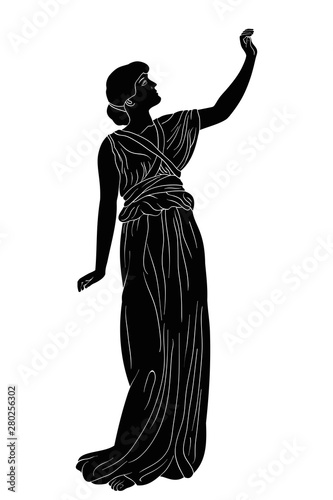 An ancient Greek girl in a tunic stands lifting her hand up. Vector image isolated on white background.
