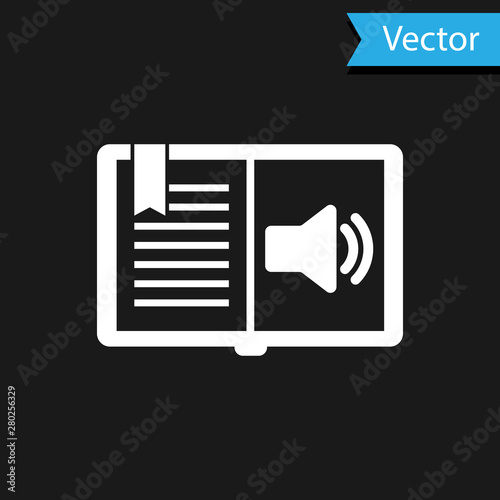 White Audio book icon isolated on black background. Audio guide sign. Online learning concept. Vector Illustration