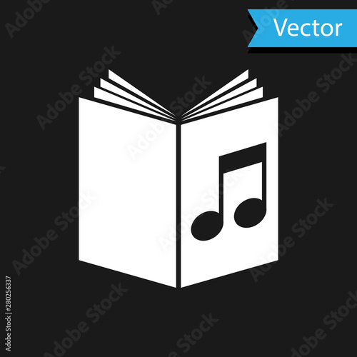 White Audio book icon isolated on black background. Musical note with book. Audio guide sign. Online learning concept. Vector Illustration