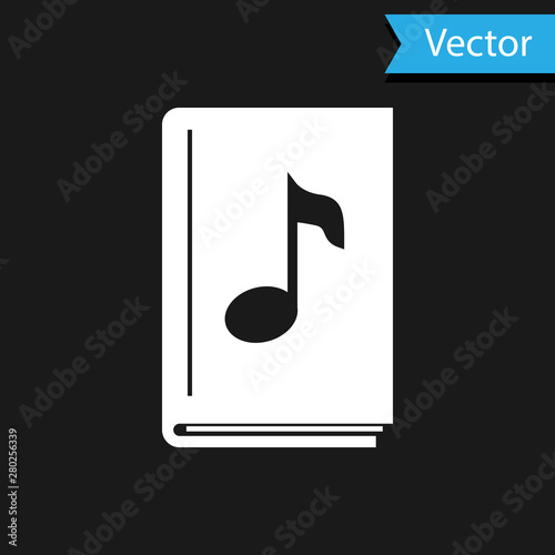 White Audio book icon isolated on black background. Musical note with book. Audio guide sign. Online learning concept. Vector Illustration