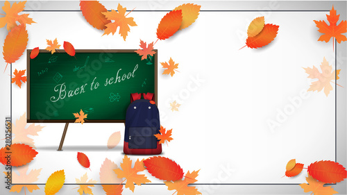 Back to school background layout decorate with school Board, school backpack and leaves and empty space for your text. Vector illustration template