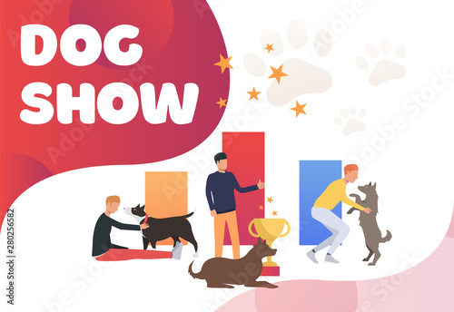 Pet owners petting dogs and celebrating victory. Winner, award, animal concept. Poster or landing template. Vector illustration for topics like entertainment, competition, dog show