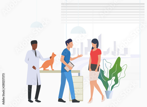 Cat owner visiting and talking to vet doctors. Pet treatment, consultation, animal care concept. Vector illustration can be used for topics like health, vet clinic, veterinary