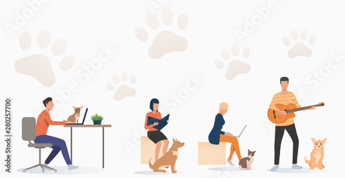 Pets owners working on laptops, reading book and playing guitar. Fun, animal, friend concept. Vector illustration can be used for topics like lifestyle, pet care