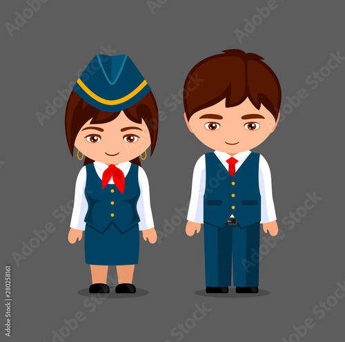 Stewardess and steward. Little cartoon girl and boy in uniform. Kawaii cartoon characters. Vector flat illustration.