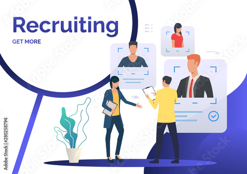Recruiting team studying candidate profiles. Recruitment, hiring, selection. Human resource concept. Vector illustration can be used for presentations slide templates or webpage design