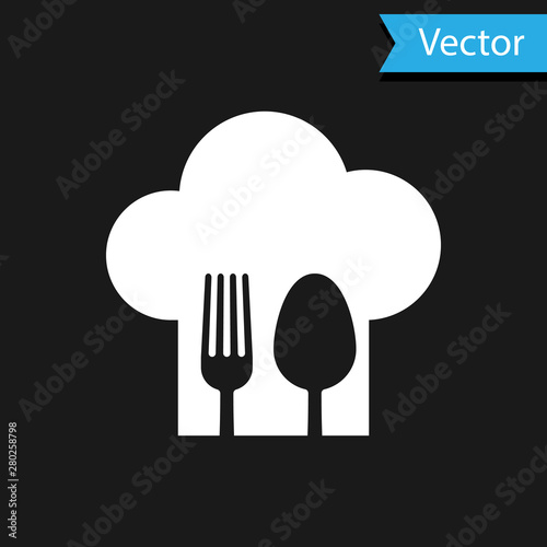 White Chef hat with fork and spoon icon isolated on black background. Cooking symbol. Restaurant menu. Cooks hat. Vector Illustration