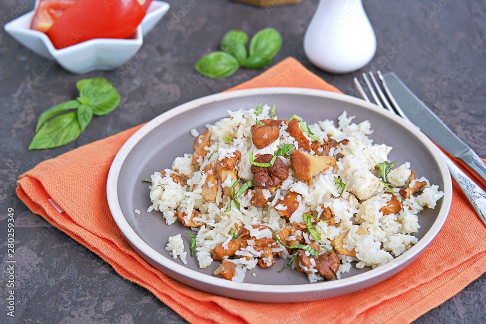 Pilaf with chanterelles and chicken on brown clay plate. Cooking wild mushrooms. Mushroom season recipes. Pilaf with chanterelles and chicken on brown clay plate. Cooking wild mushrooms. Mushroom season recipes.