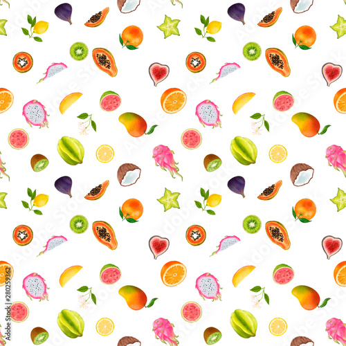Tropical fruits illustration on white background. Seamless pattern. Dragon fruit, kiwi, papaya, carambola, star fruit, lemon, orange, fig, guava, coconut, mango