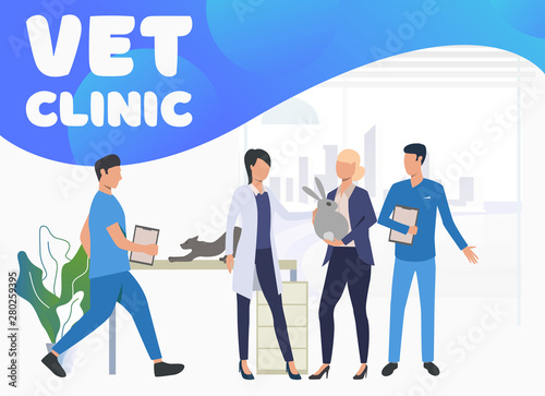 Rabbit and cat owner visiting veterinarians. Pet treatment, consultation, animal care concept. Poster or landing template. Vector illustration for topics like health, vet clinic, veterinary