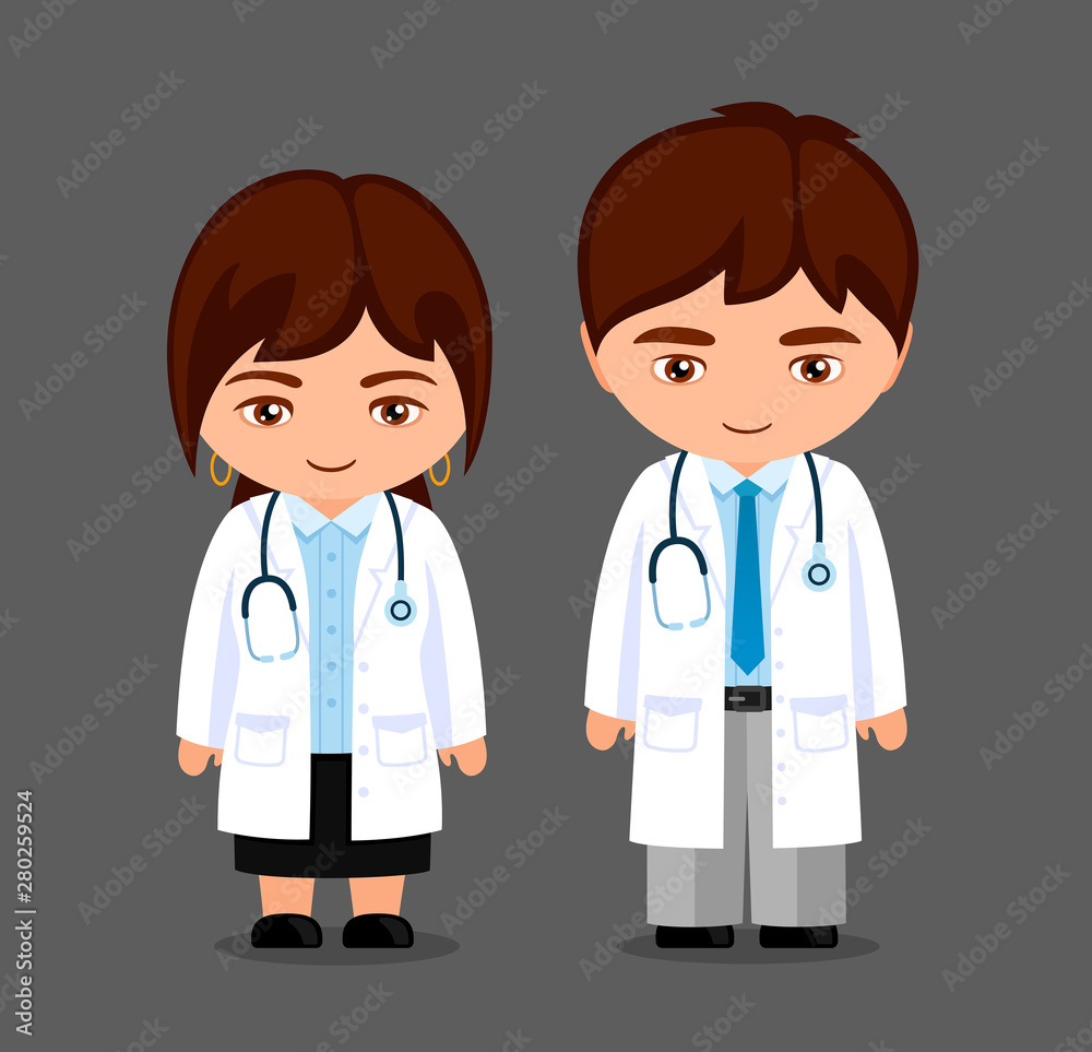 Doctors. Little girl and boy in medical uniform, with stethoscope. Kawaii cartoon characters. Vector flat illustration.
