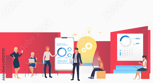 Business people giving presentation of innovative product. Exposition, technology, decoration concept. Vector illustration can be used for topics like business, shopping, show room