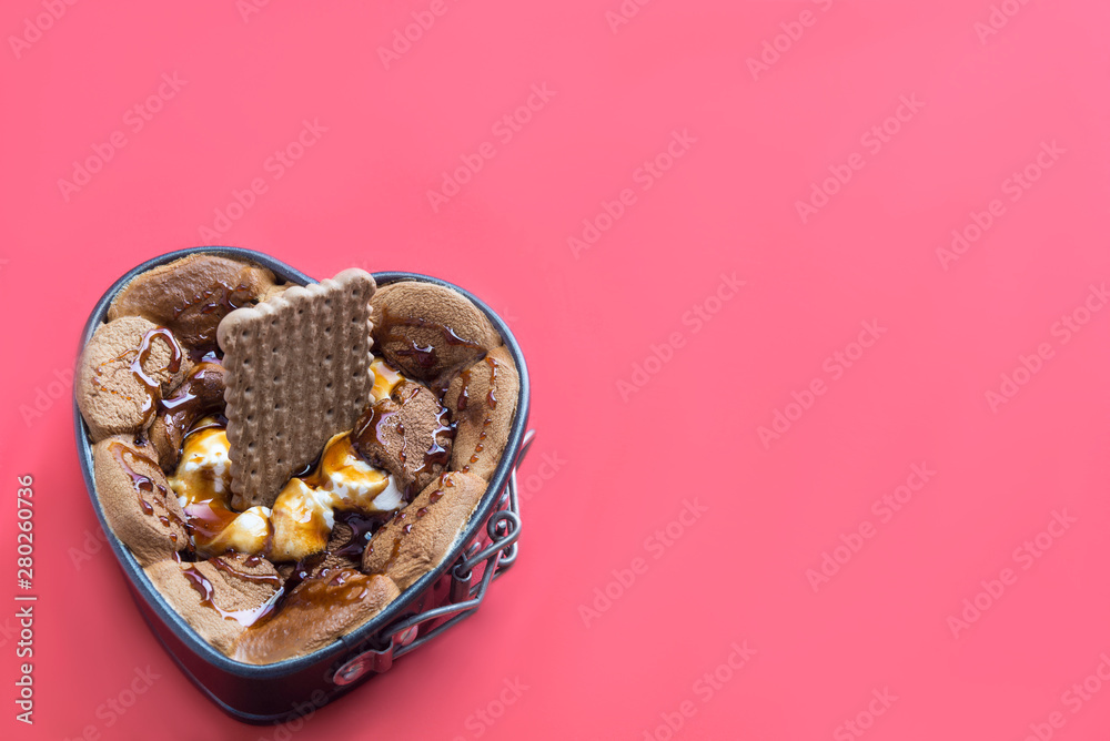 Smores cake with chocolate red background Smores cake with chocolate red background