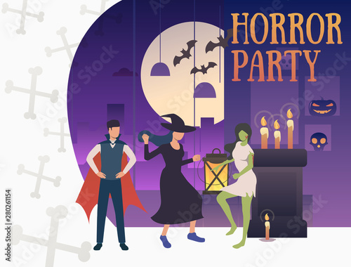Horror party banner with hilarious monsters. Interior, party, decorations, cartoon characters. Vector illustration for leaflet, poster, banner