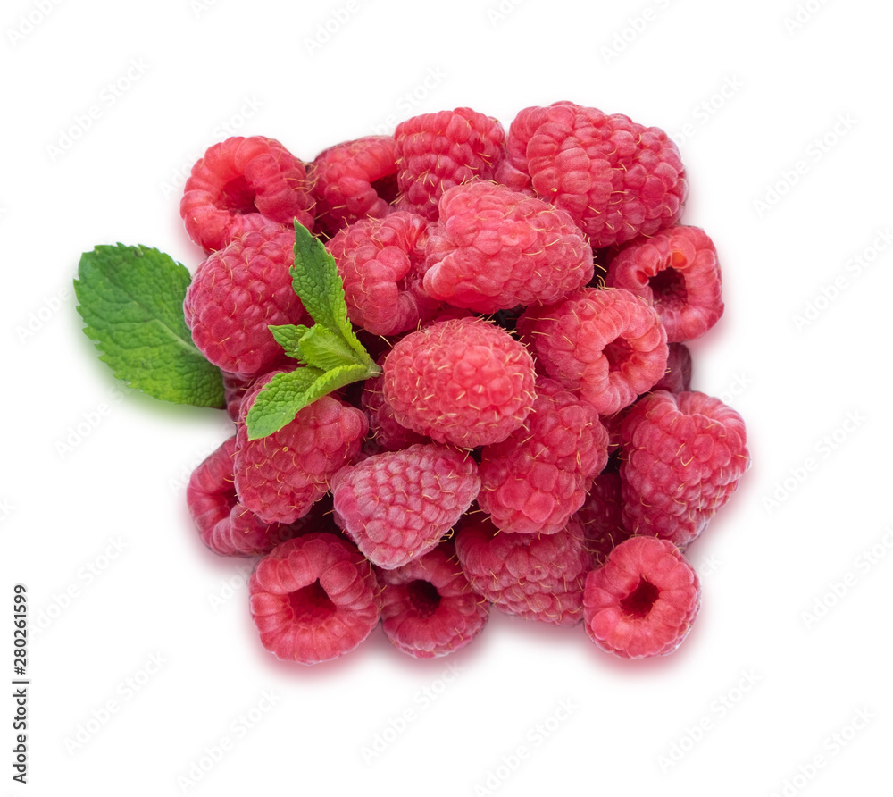 Raspberry berries and mint leaf isolated on white background. Healthy berries Raspberry berries and mint leaf isolated on white background. Healthy berries