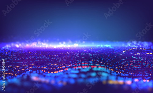 Particle grid abstract technology background. Data waves surface. Virtual lines