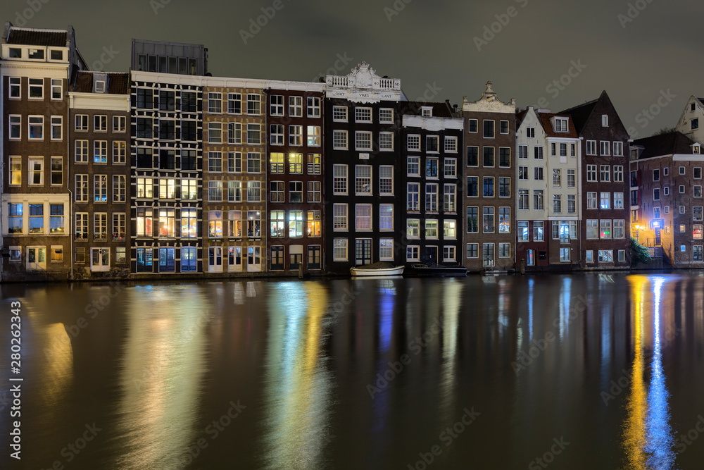 Typical Dutch Houses At Night, Amsterdam, Netherlands
