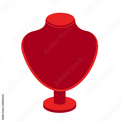 Red velvet necklace stand for jewelry. Cartoon vector mannequin, isolated on a white background.