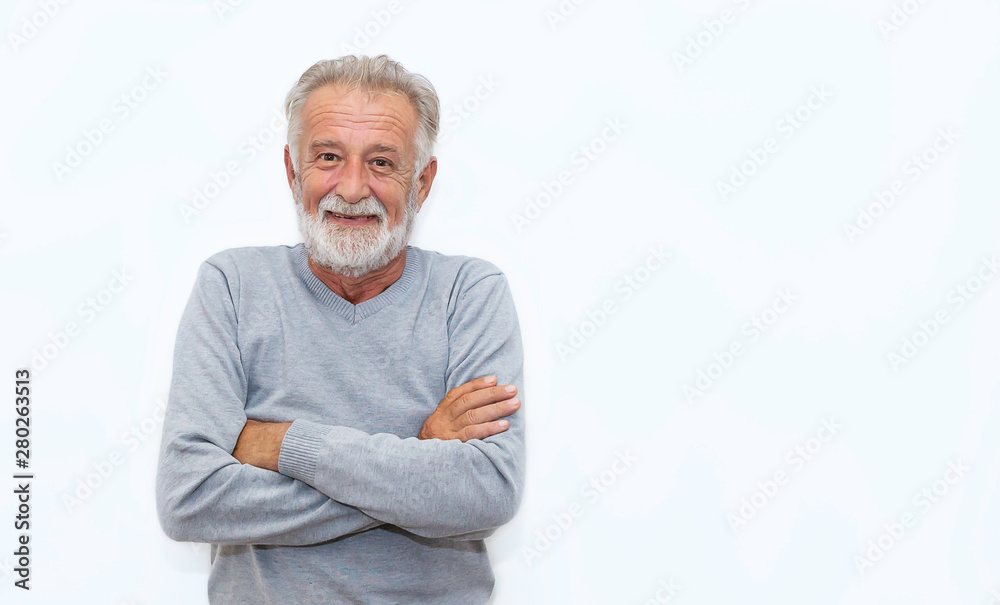 Portrait of healthy happy smile senior elderly caucasian old man face with arm crossed isolated on white. Golden age grand father healthcare cheerful lifestyle, freedom relax retirement concept - obrazy, fototapety, plakaty 