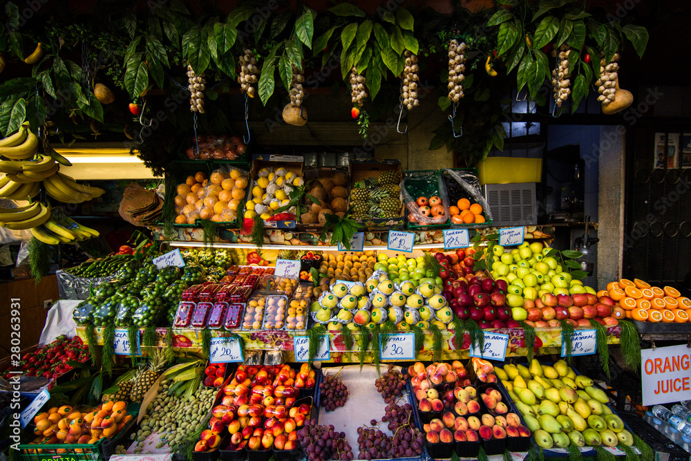 Fresh fruits and juices on Istanbul street shop counter 