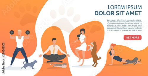 Dogs and cats owners training. Fun, animal, friend concept. Presentation slide template. Vector illustration for topics like lifestyle, pet care, sport