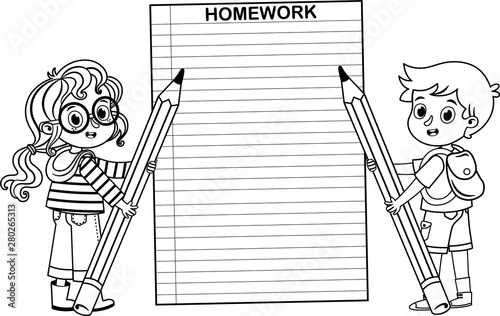 Black and White School Children are Holding Pencils in Back to School Theme. Vector Illustration.